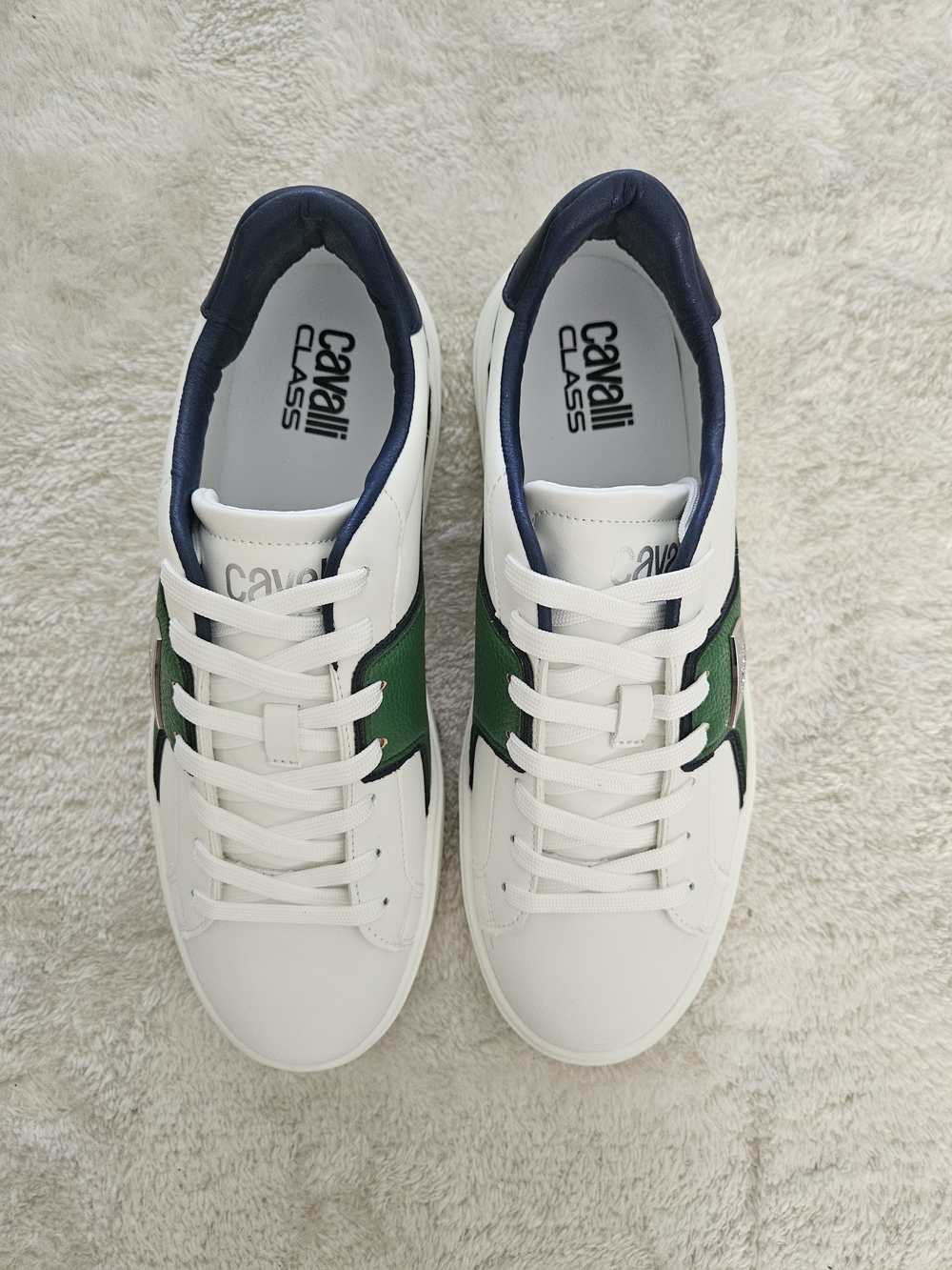 NWT Roberto Cavalli Metal Logo Low Top Sneaker Men Size 10 Green White Luxury - Picture 10 of 12